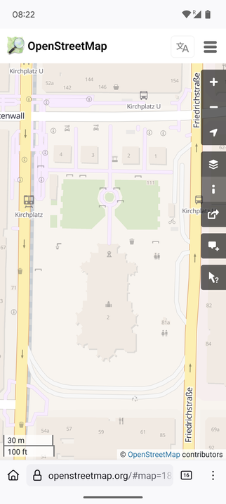 Screenshot der OpenStreetMap Seite, die aktuell den Kartenausschnitt von Düsseldorf Bilk zeigt.
Die Seite sieht wie immer aus, die Karte ist mit gedämpften Farben zu sehen.