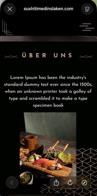 Screenshot einer Webseite. Stockfotoa von angerichteten Sushi. Der Text zu der Überschrift über uns : Lorem Ipsum has been the industry's standard dummy text ever since the 1500s, when an unknown printer took a galley of type and scrambled it to make a type specimen book
