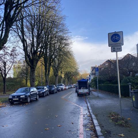Foto einer Straßenszene, bei der eine lange Reihe geparkter Fahrzeuge auf der Mieten Seite auf der Fahrbahn werden rechts eine rote Markierung eine enge Gasse signalisiert. Auf dem Gehweg sind Schilder für eine Fahrradstraße aufgestellt