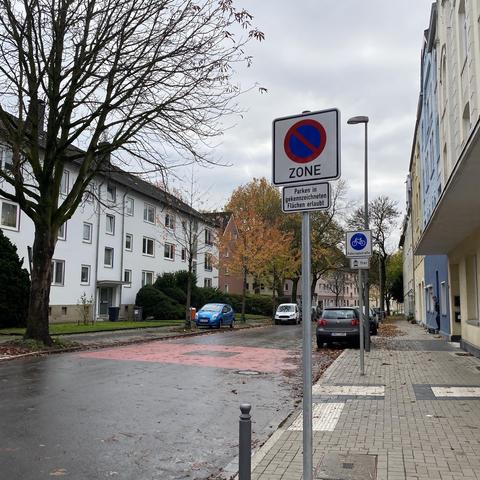 Eine Straßenszene mit einem „Parkverbot“-Schild, mit Bäumen und Wohngebäuden entlang der Straße. Es gibt geparkte Autos, ein Fahrradwegschild und verstreute Herbstblätter auf dem Bürgersteig. Der Himmel ist bewölkt.