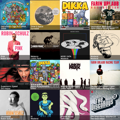 Top 16 Releases this year for guerda 
1. Die tollsten Tage mit DIKKA - DIKKA 
2. Time & Space - Turnstile 
3. Oh Yeah! - Dikka 
4. Faszination Weltraum - Farin Urlaub Racing Team 
5. Pink - Robin Schulz 
6. Meteora - Linkin Park 
7. MORE D4TA - Moderat 
8. Moderat - Moderat 
9. Supersonic Speed - Die Happy 
10. Boom Schakkalakka - Dikka 
11. Minutes to Midnight - Linkin Park 
12. Die Wahrheit übers Lügen - Farin Urlaub Racing Team 
13. Uncovered - Robin Schulz 
14. III - Moderat 
15. private mu…