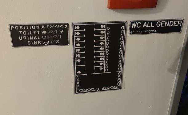 Tactile signs which show the toilet layout with individual stalls and more