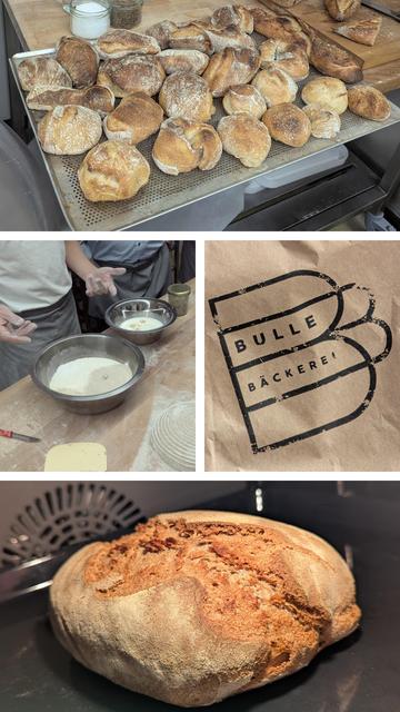Collage von vier Fotos: gebackene Ciabatta-Brötchen in verschiedener Form, eine Papiertüte mit dem Logo der Bulle Bäckerei, zwei Metallschüsseln mit Mehl, Zucker, Salz und Hefe, sowie Milch und Eiern in einer zweiten. 
Das letzte Foto zeigt einen Laib Brot im Ofen, das Brot ist oben wild aufgerissen.