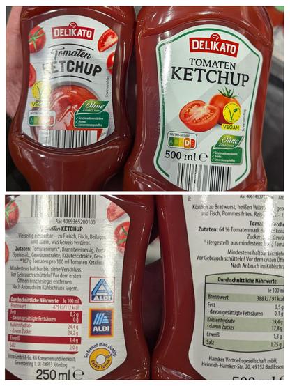 Collage von zwei Fotos, die Vor- und Rückseite zweier Ketchup-Flaschen zeigen (250 ml und 500 ml). Die Nährwerttabelle zeigt u.a. Zucker 24,2 g bei der kleinen und 17,8 g bei der großen Flasche.