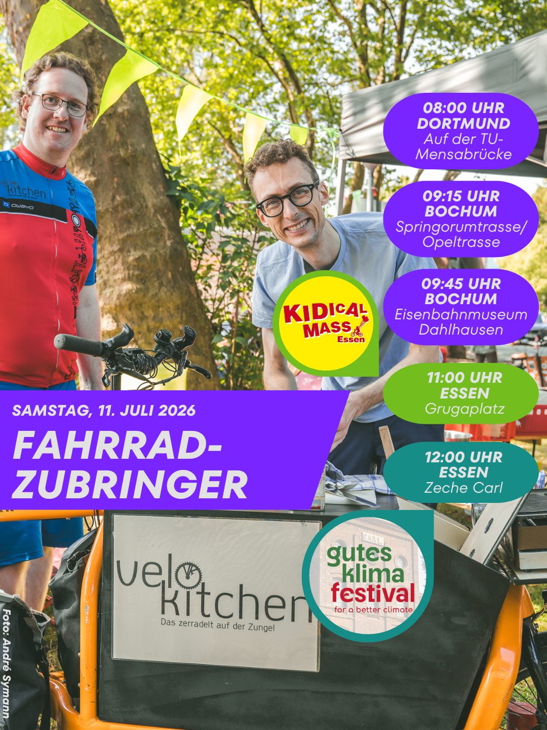 Zwei junge Männer stehen hinter einem Lastenrad mit Beklebung "Velokitchen". Darüber sind Textfelder gelegt mit Treffpunkten und Abfahrtszeiten:
8:00 Uhr Dortmund auf der TU-Mensabrücke
9:15 Uhr Bochum Springorumtrasse/Opeltrasse
9:45 Uhr Bochum Eisenbahnmuseum Dahlhausen