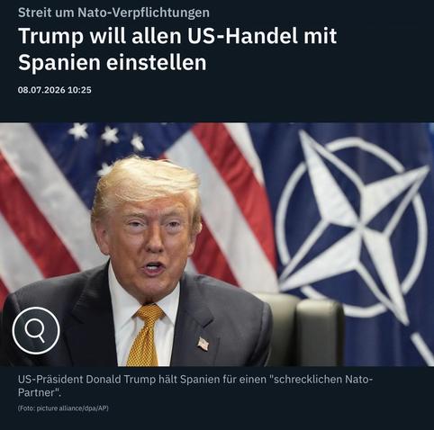 Streit um Nato-Verpflichtungen
Trump will allen US-Handel mit Spanien einstellen
08.07.2026 10:25
US-Präsident Donald Trump hält Spanien für einen "schrecklichen Nato-Partner"
(Foto: picture alliance/dpa/AP)