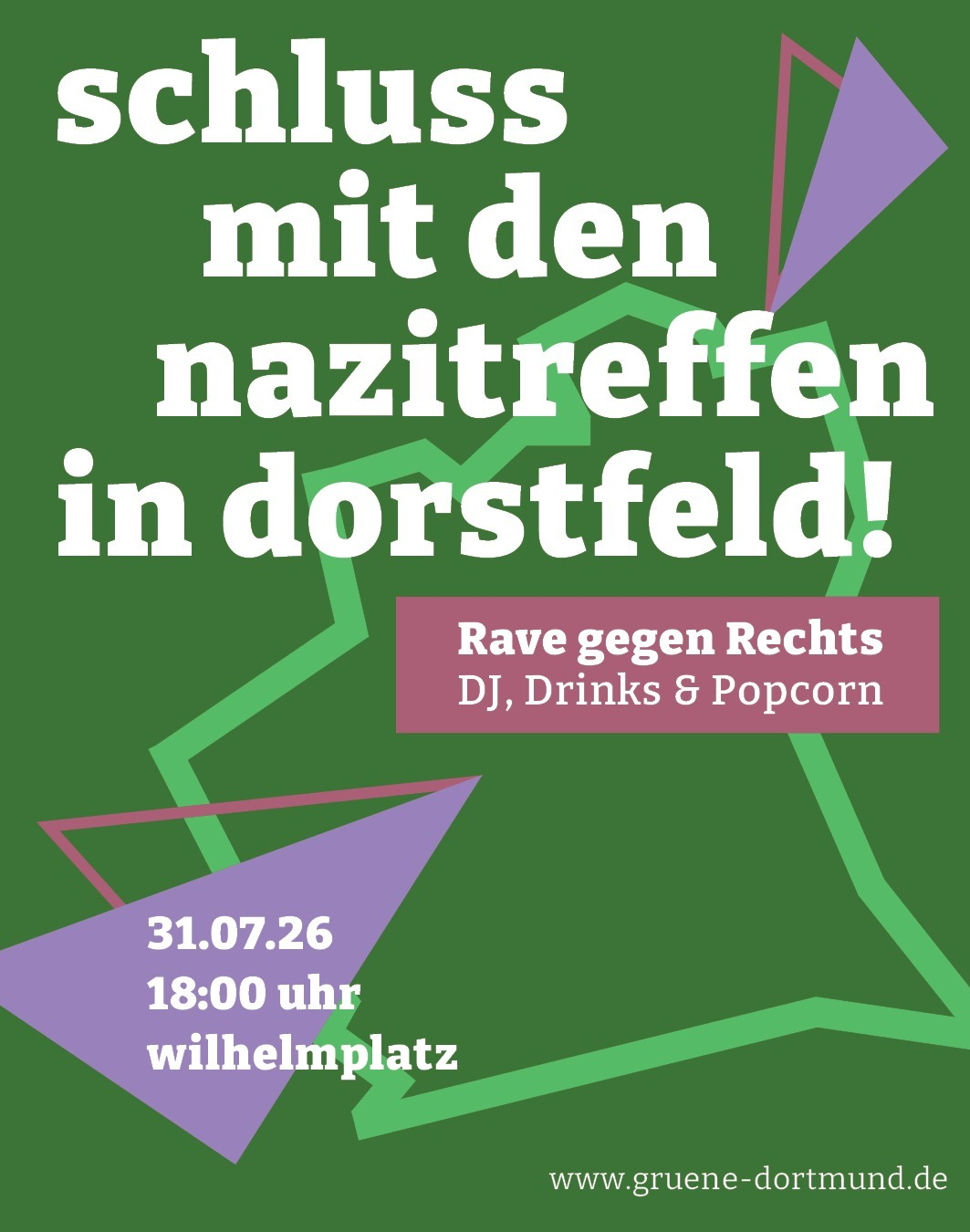 Schluss mit den Nazitreffen in Dorstfeld, Rave gegen rechts (DJ, Drinks und Popcorn), 31.07.2026, 18 Uhr Wilhelmplatz
