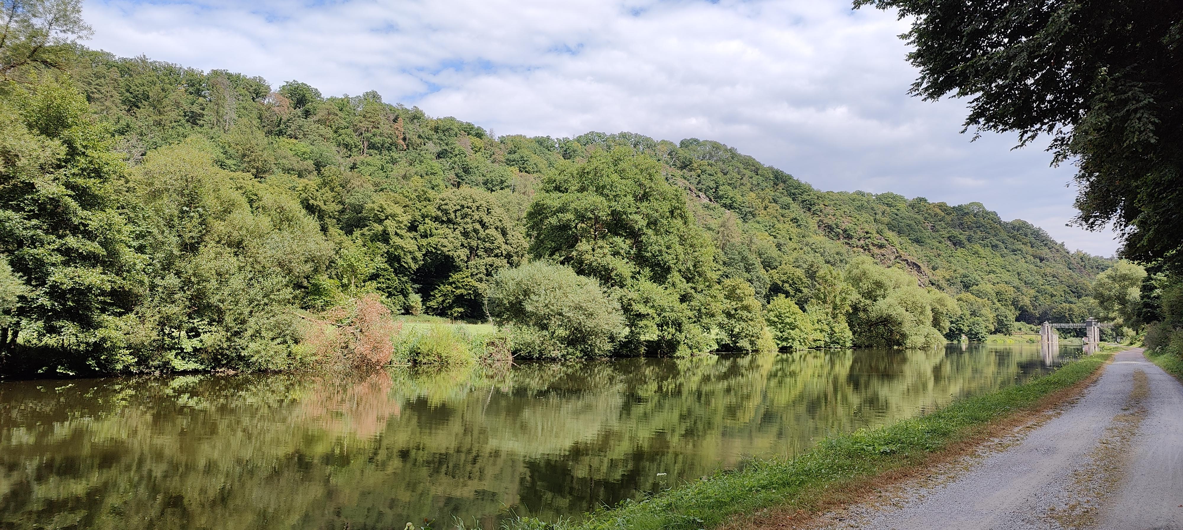 Blick auf den Lahntalradweg, der hier ein Schotterweg ist. Im Wasser spiegelt sich der Dichte hügelige Wald der anderen Uferseite. Der Himmel ist bewölkt, aber nicht mehr ganz so grau.