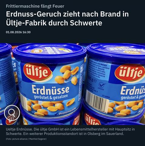Erdnuss-Geruch zieht nach Brand in Ültje-Fabrik durch Schwerte
01.08.2026 16:30