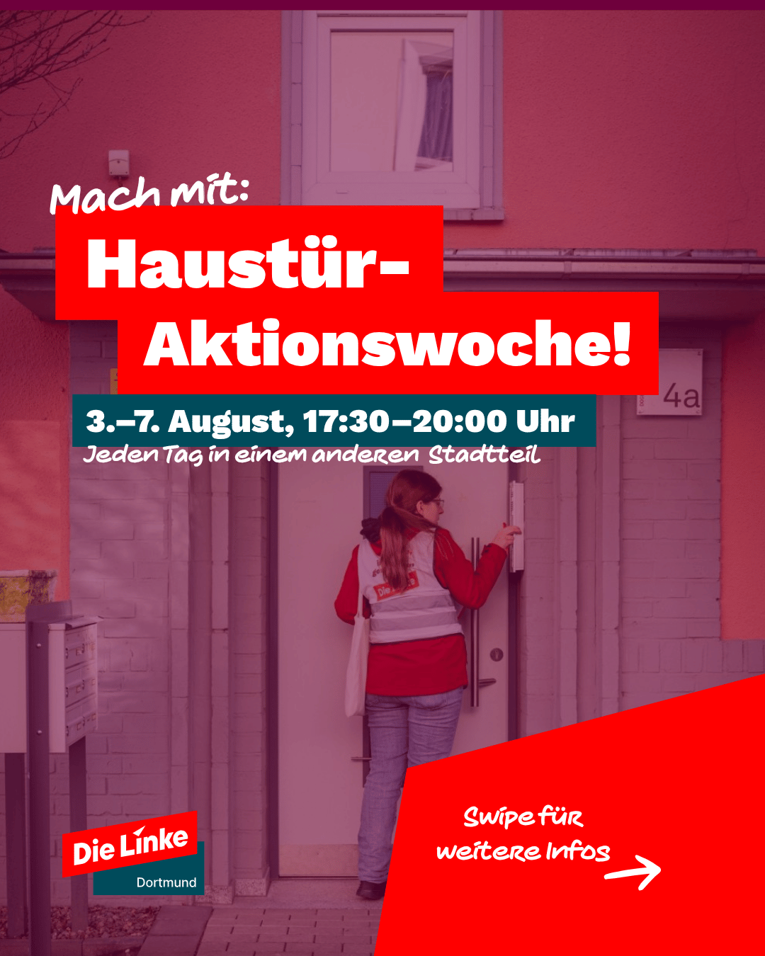 Mach mit Haustüraktionswoche 3.-7. August, 17:30-20:00 Uhr. Jeden Tag in einem anderen Stadtteil