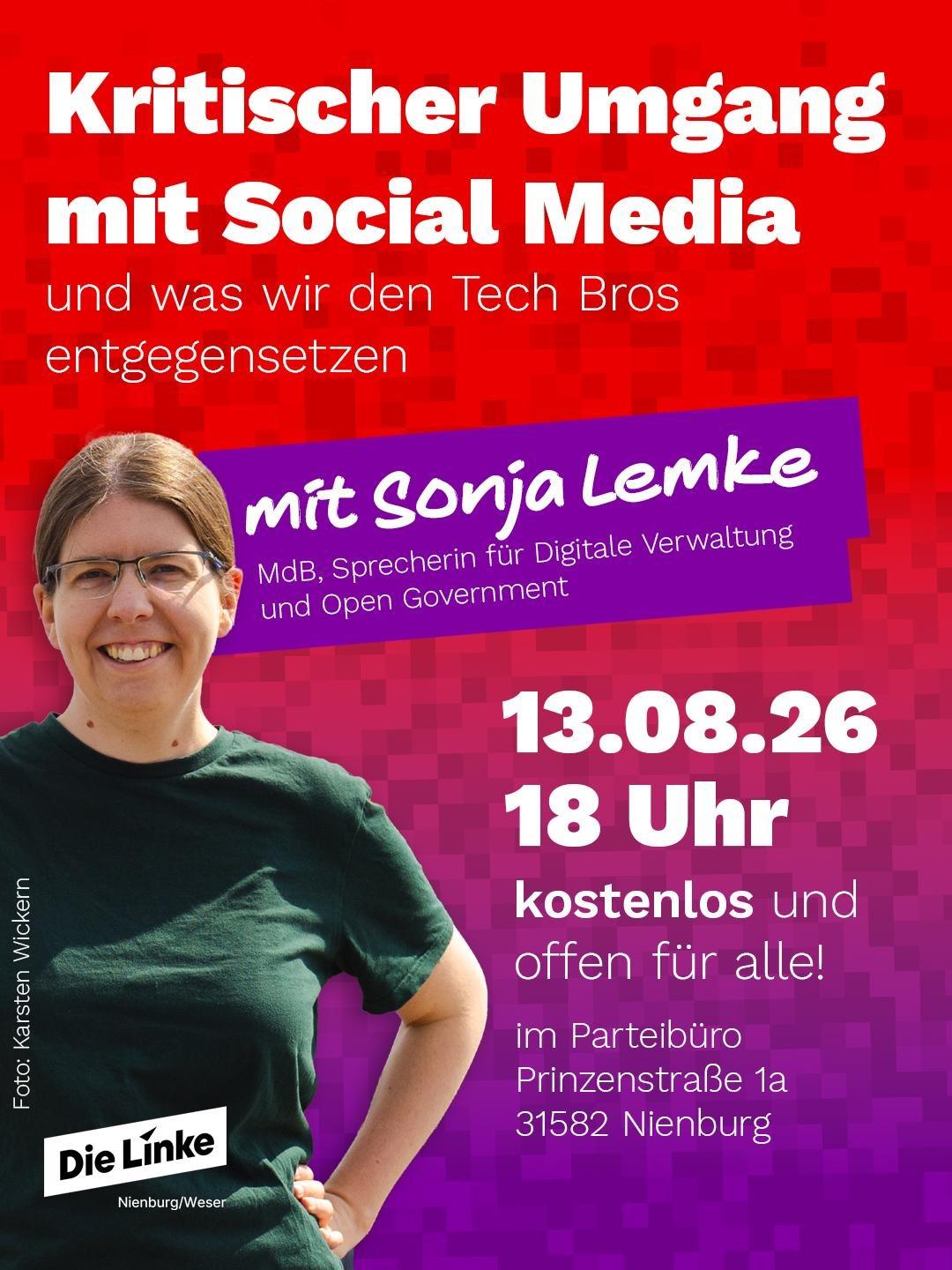 Kritischer Umgang mit Social Media
und was wir TechBros entgegensetzen. mit Sonja Lemke
13.8.26 18:00Uhr kostenlos und offen für alle: Im Parteibüro Prinzenstraße 1a 31582 Nienburg
