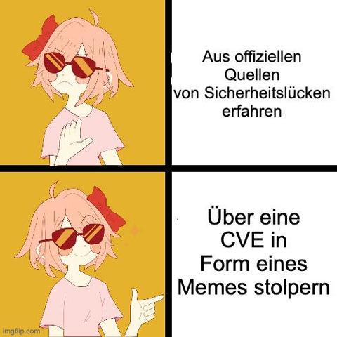Trans Drake Meme: Panel 1 aus offiziellen Quellen von Sicherheitslücken erfahren. Panel 2 über eine CVE in Form eines Memes stolpern