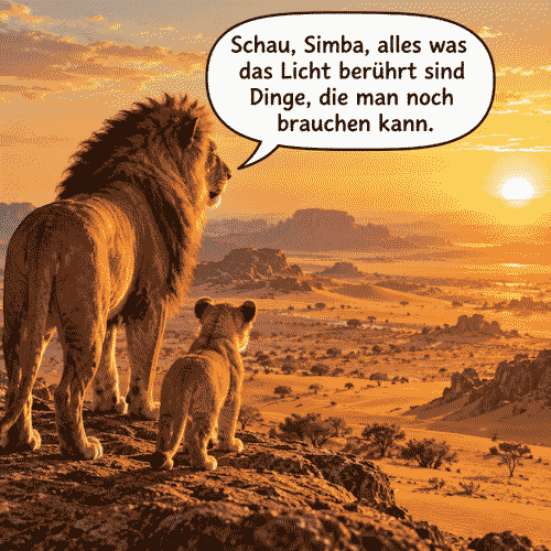 Ein Bild einer Wüste, auf einer kleinen Anhöhe stehen zwei Löwen, ein älterer Löwe und ein kleinerer, jüngerer Löwe. Der ältere Löwer sagt: "Schau Simba, alles was das Licht berührt sind Dinge, die man noch brauchen kann."