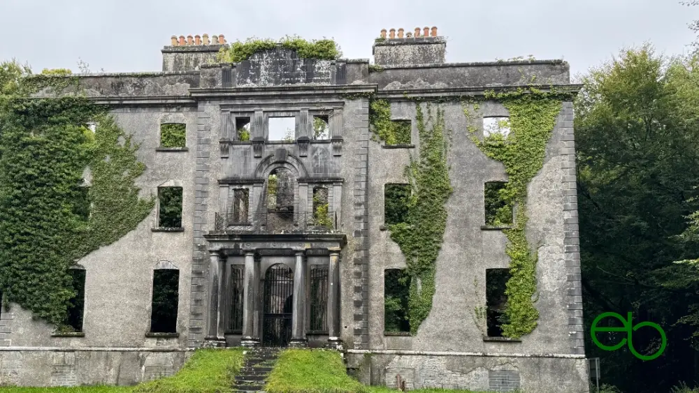 Abandoned manor house somewhere in the loneliness of Ireland, lattice gate, dilapidated stairs, fassade greened by ivy, the first trees growing inside